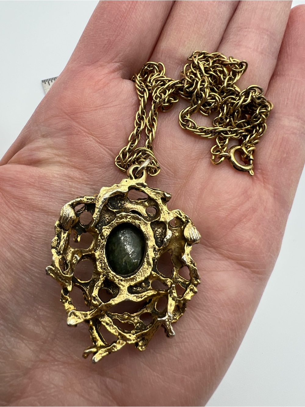 VTG Brutalist Moss Agate Pendant • Gold Tone • Organic Statement - Picture 10 of 10